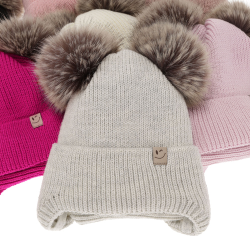 Girl's winter set: hat and tube scarf white with two pompom Zori