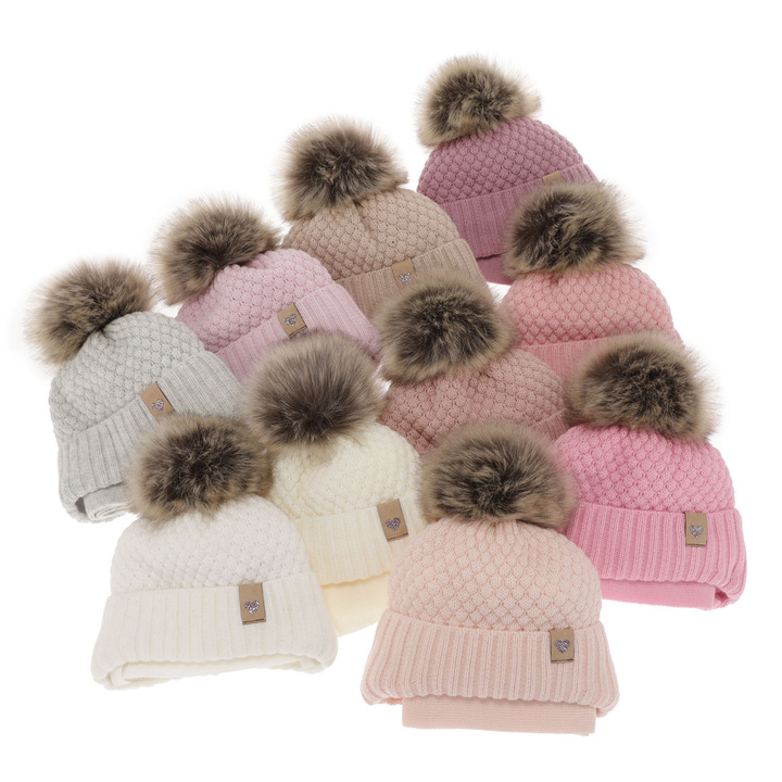 Girls winter set hat and scarf ecru with pompom Bianca