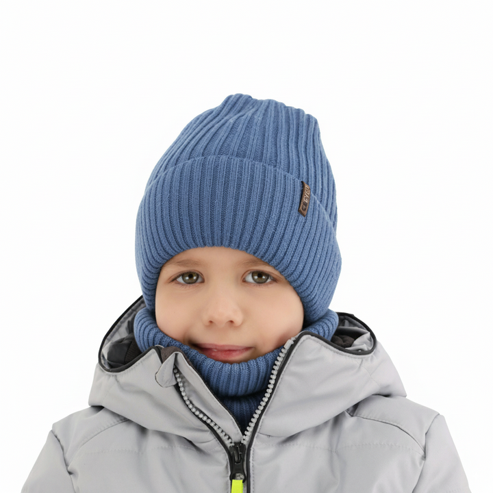 Boy's winter set: hat and tube scarf, blue, 100% merino wool, Gizmo