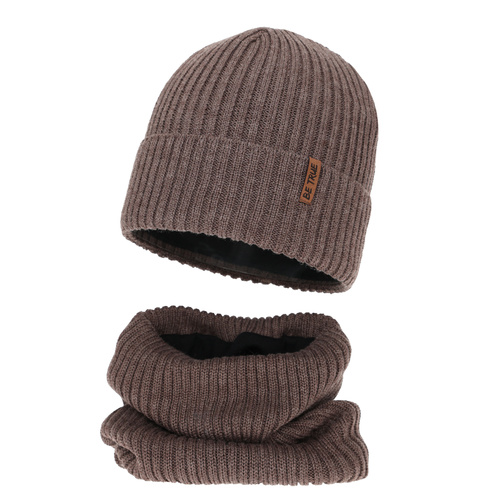 Hat and tube scarf with polar lining for boy winter set, brown, with merino wool, Colton
