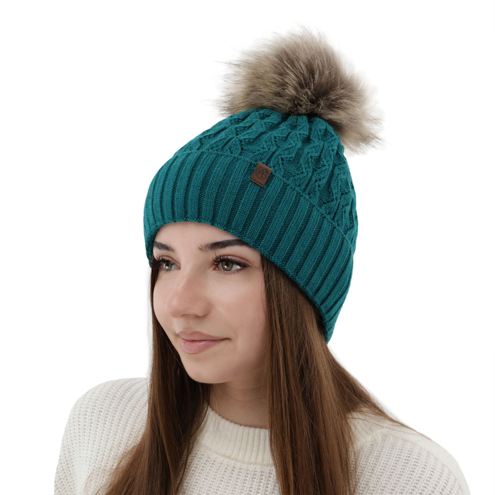 Woman's winter hat green Katty with pompom