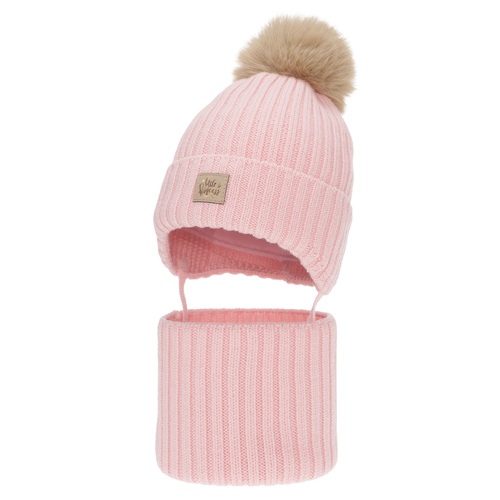 Girl's winter set: hat and tube scarf, pink, 100% merino wool, with ears, cotton lining, Malesia