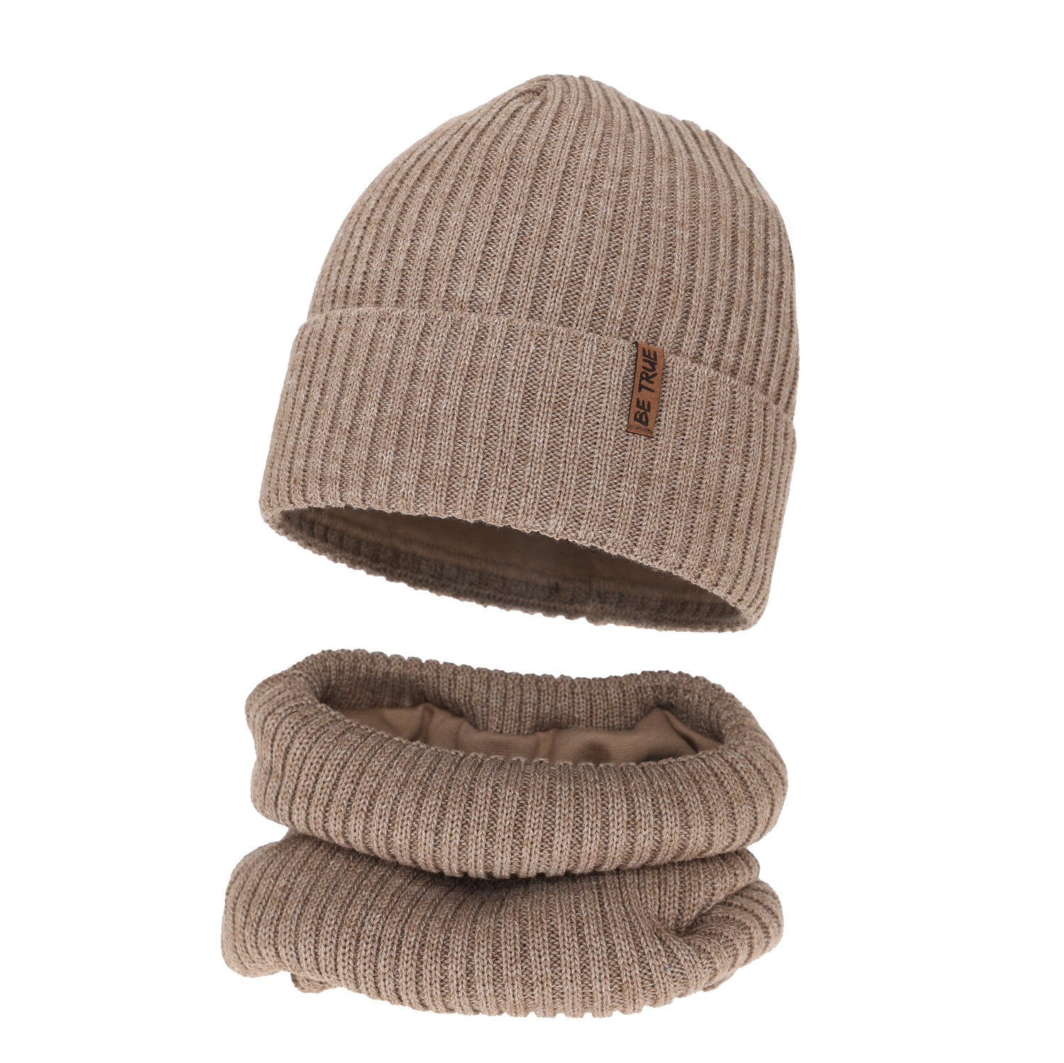 Boy's winter set: hat and tube scarf lined with polar fleece, beige, with merino wool, Colton