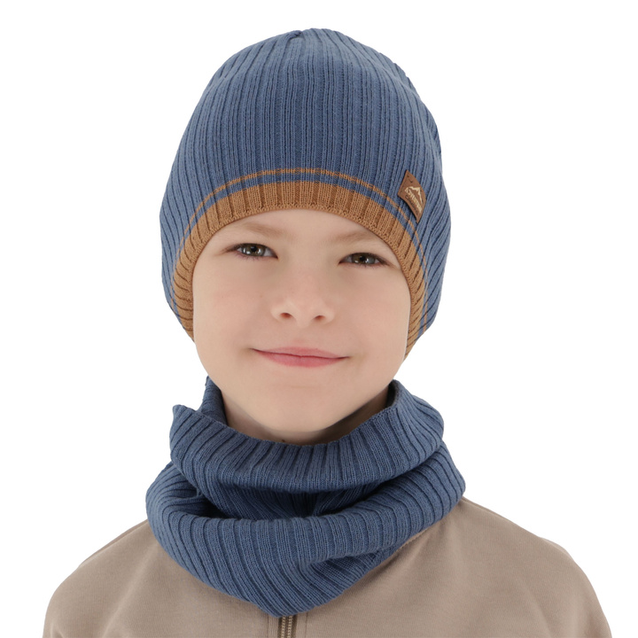 Boy's spring, autumn set: hat and tube scarf, navy blue, with cotton, Eirik