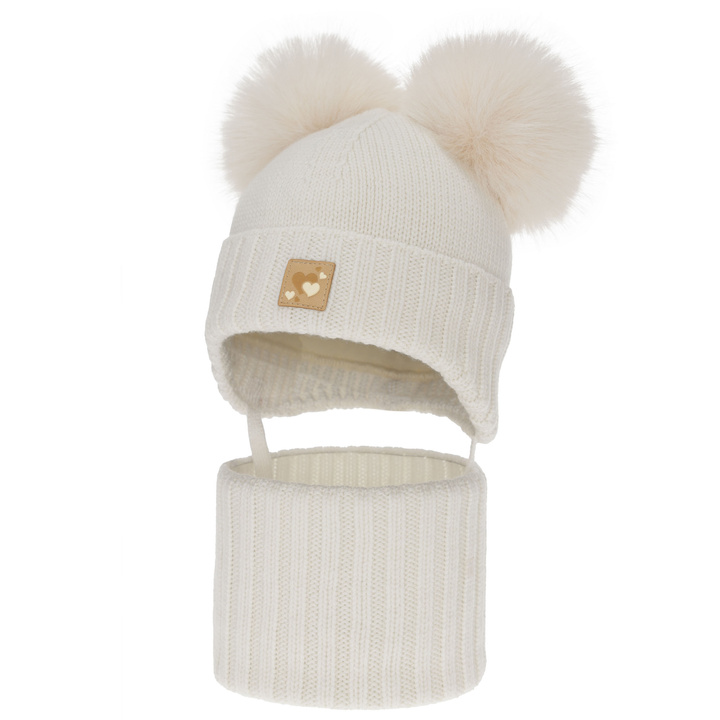 Girl's hat and tube scarf, winter set, white, 100% merino wool, lined with wool fleece, Ronia