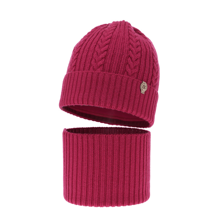 Girl's winter set: hat and tube scarf amaranth made of 100% extra fine merino wool Jenny