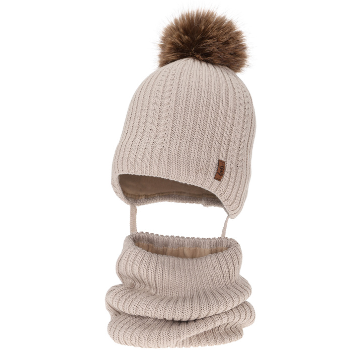 Hat and tube scarf for boy winter set, beige, with merino wool, tied Zongo