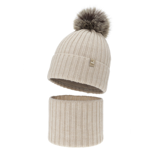 Girl's winter set: hat and tube scarf, beige, 100% merino wool, cotton lining, with pompom, Terida