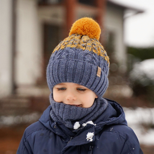 Boy's winter set: hat and tube scarf blue Travis with pompom