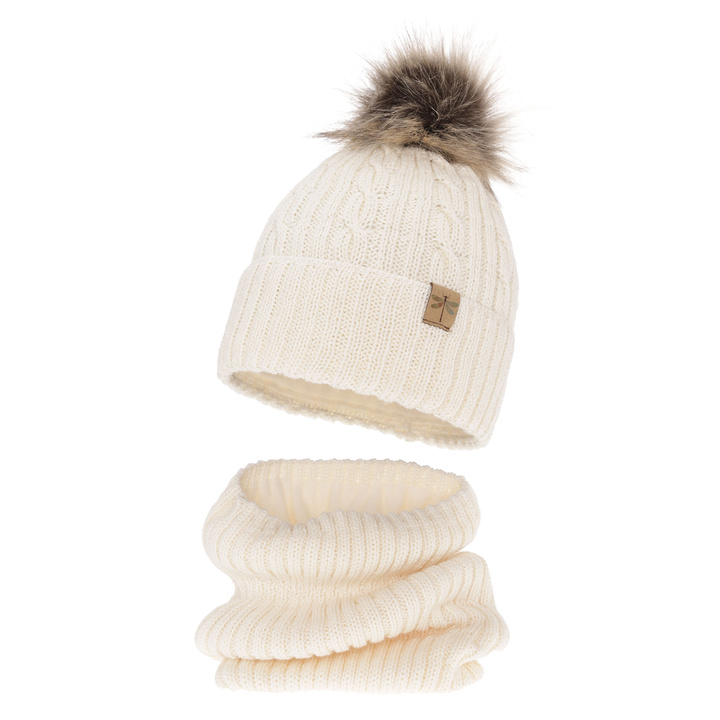 Girl's winter set: hat and tube scarf ecru merino wool Aprilia