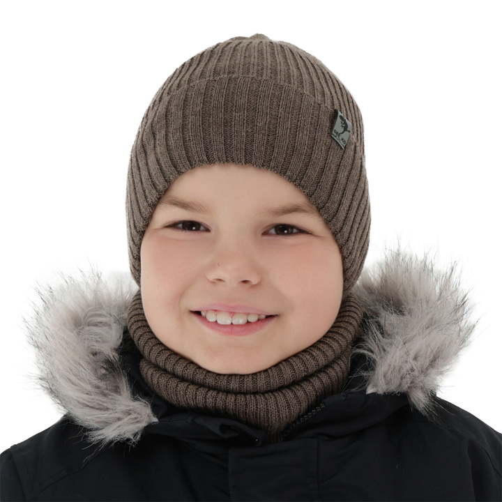 Boy's winter set: hat and tube scarf brown merino wool Gecko