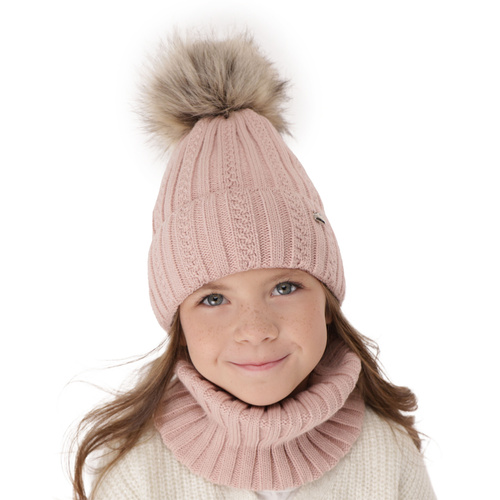 Girl's winter set: hat and tube scarf pink Wirginia with pompom
