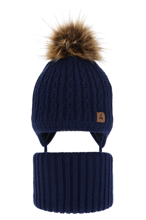 Boy's winter set: hat and tube scarf navy blue Pago with pompom