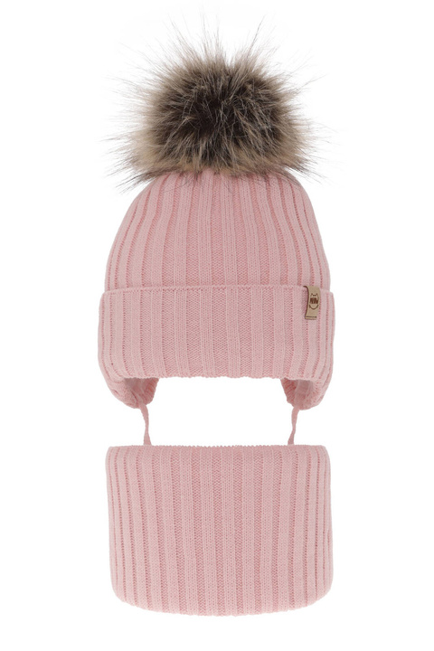 Girl's winter set: hat and tube scarf pink with pompom Louisa