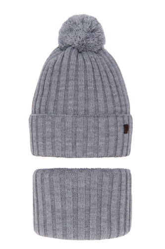 Boy's winter set: hat and tube scarf grey Wiliam with pompom