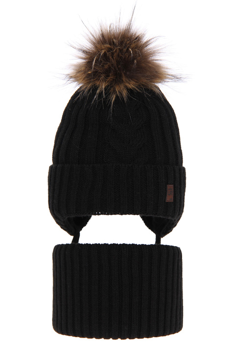 Boy's winter set: hat and tube scarf black Kongo with pompom
