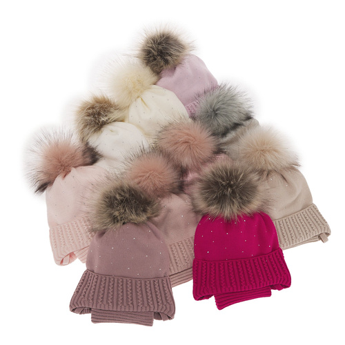 Girl's winter set: hat and tube scarf beige with pompom Renia