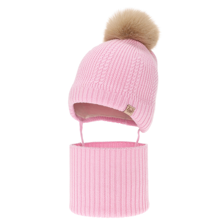 Girl's winter set: hat and tube scarf, pink, 100% merino wool, lined with wool fleece, with ears Danielle
