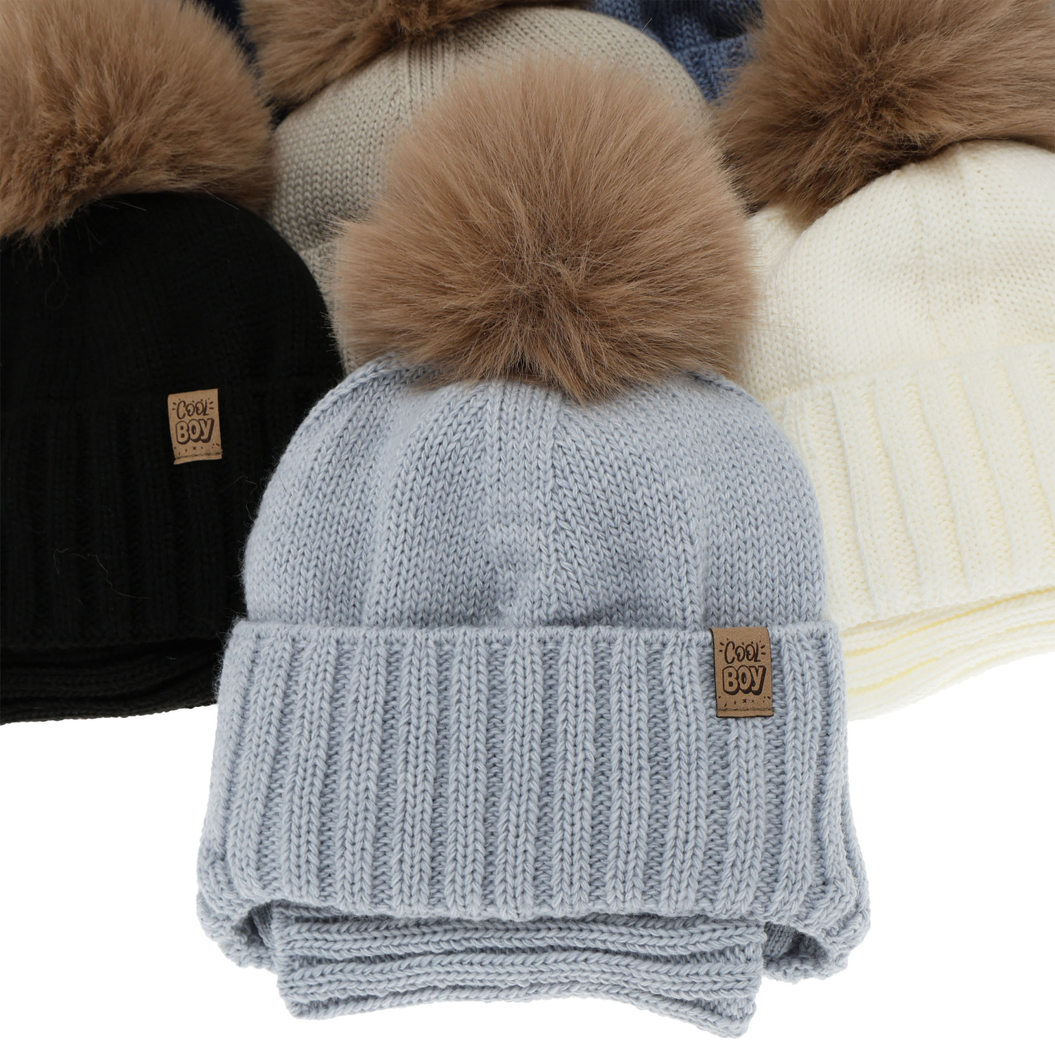 Boy's winter set: hat and tube scarf, grey, with pompom, Talens