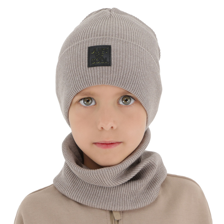 Boy's spring, autumn set: hat and tube scarf, with cotton, beige, Jonas