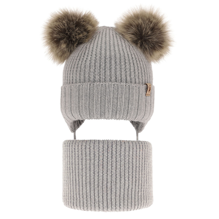 Girl's winter set: hat and tube scarf grey made of 100% extra fine merino wool Silvia