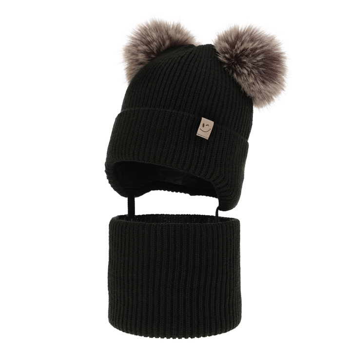 Girl's winter set: hat and tube scarf black with two pompom Zori