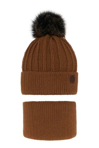 Boy's winter set: hat and tube scarf camel Havier with pompom