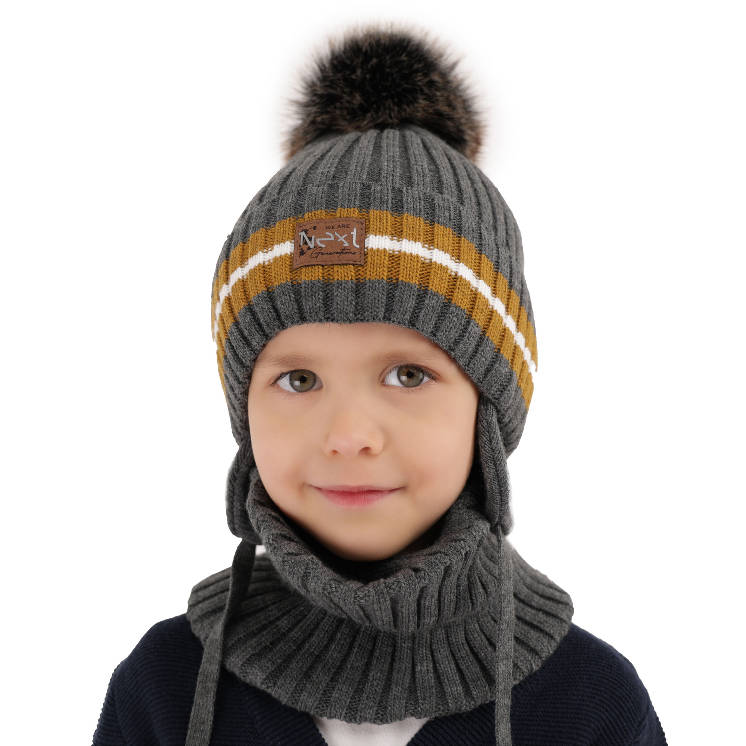 Boy's winter set: hat and tube scarf blue with pompom Echo