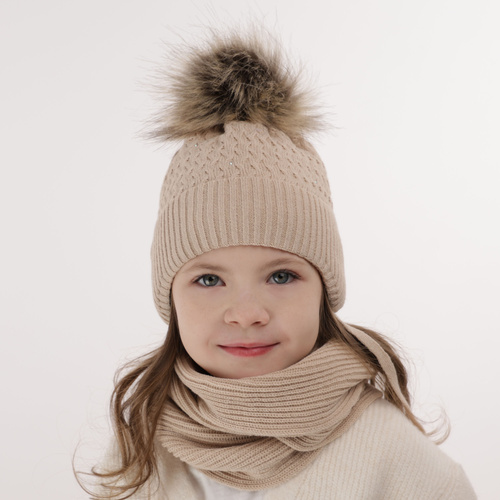 Girl's winter set: hat and scarf pink with pompom Zelta