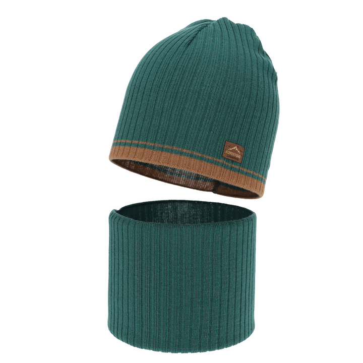 Boy's spring, autumn set: hat and tube scarf, emerald green, with cotton, Eirik