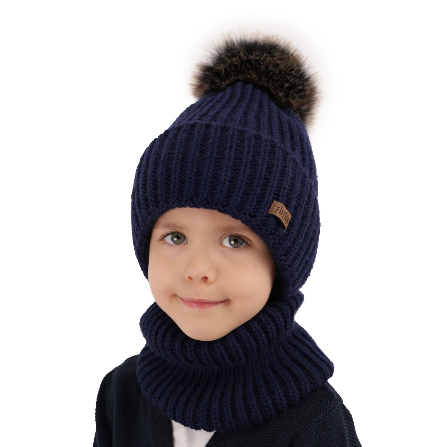 Boy's winter set: hat and tube scarf blue with pompom Wonder