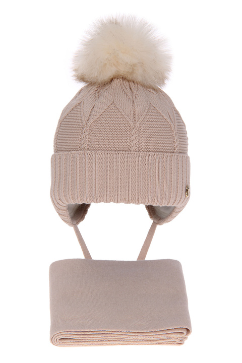 Girl's winter set: hat and scarf beige Altina with pompom