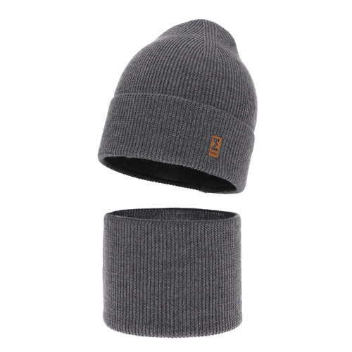 Boy's spring/ autumn set: hat and tube scarf grey 100% extra fine merino wool Bruce