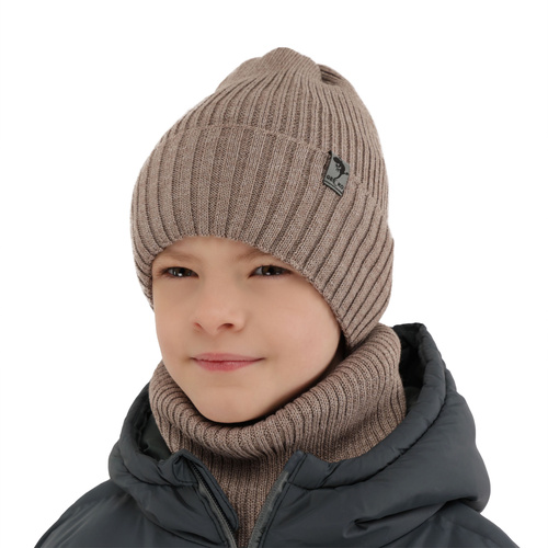 Boy's winter set: hat and tube scarf camel merino wool Gecko