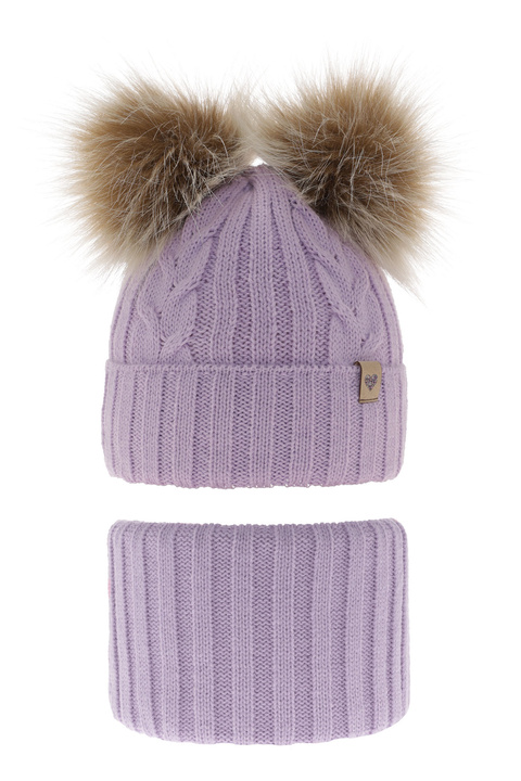 Girl's winter set: hat and tube scarf violet with two pompoms Amala