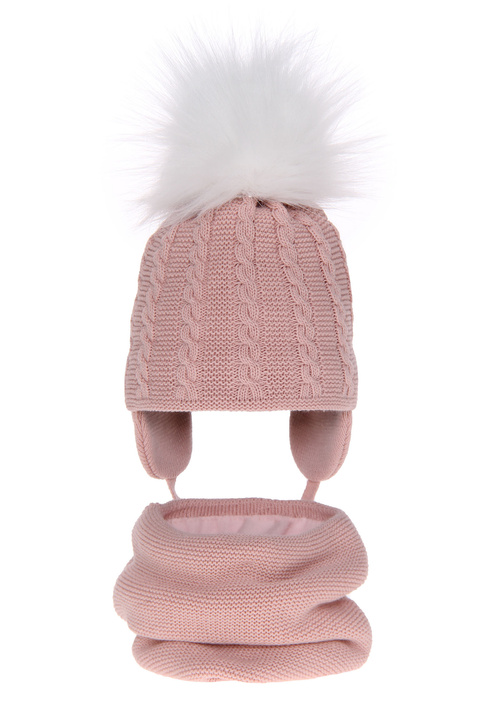 Girl's winter set: hat and tube scarf pink Klementin with pompom