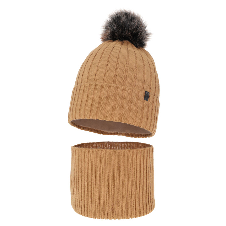 Boy's winter set: hat and tube scarf camel with pompom Relax