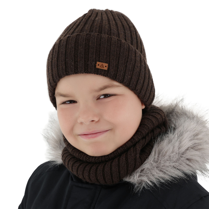Boy's winter set: hat and tube scarf, brown, 100% merino wool, Umberto