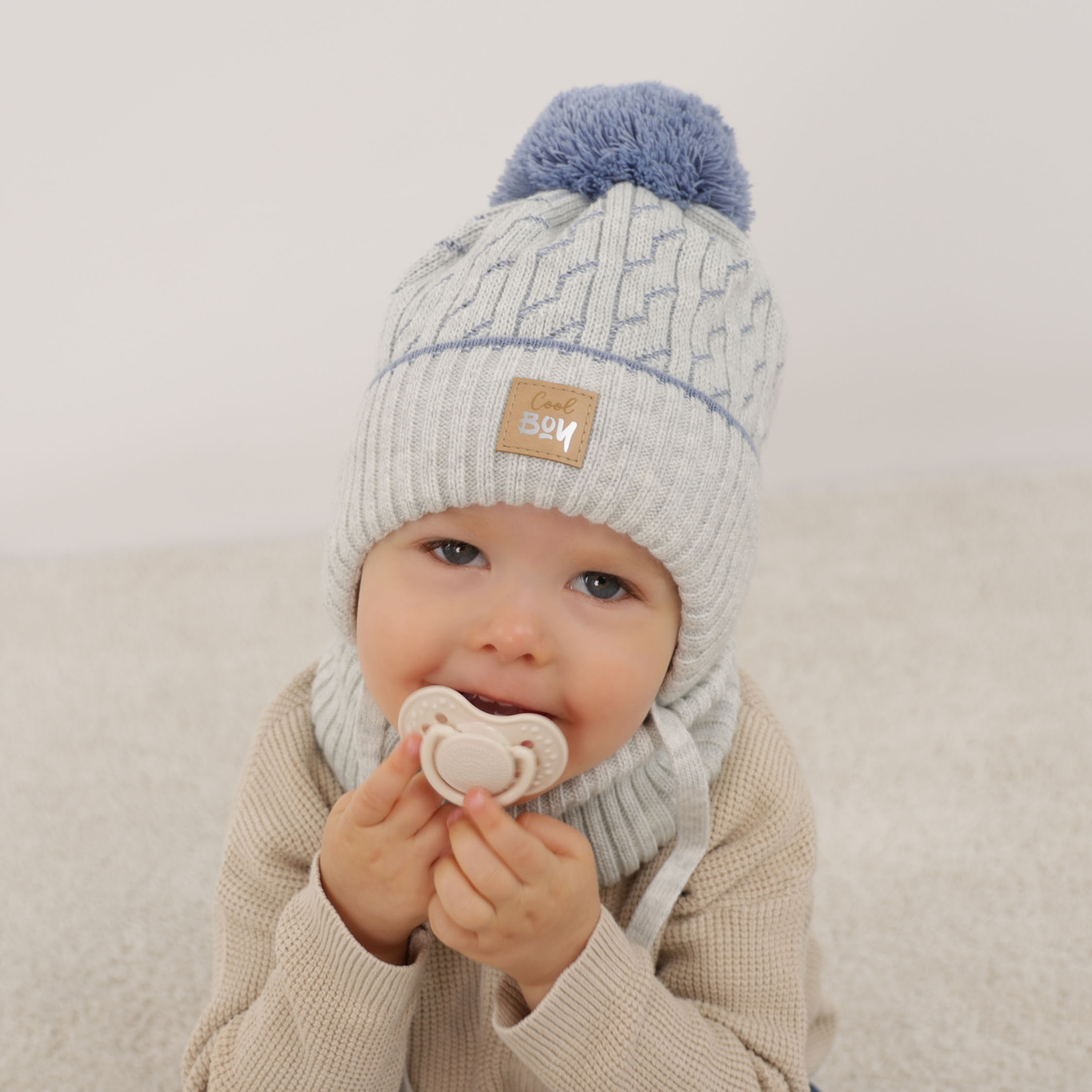 Boy's winter set: hat and tube scarf grey Pikolo with pompom