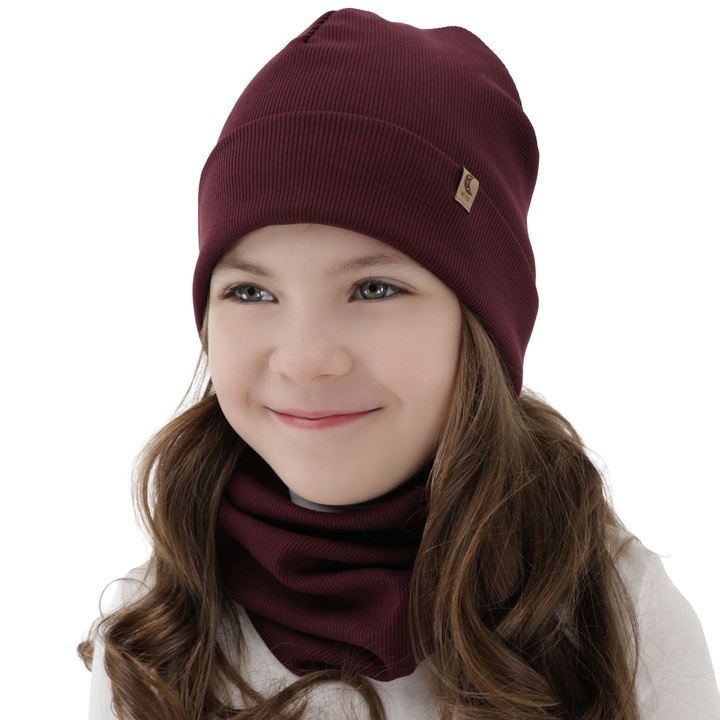 Girl's spring, autumn set: hat and tube scarf, burgundy, cotton, Bravura