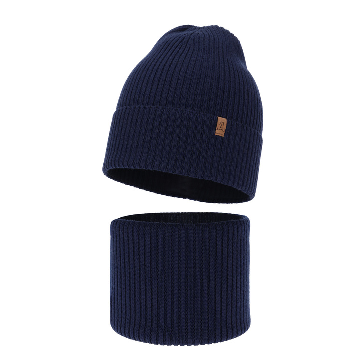 Boy's spring/ autumn set: hat and tube scarf navy blue 100% extra finemerino wool Lemas