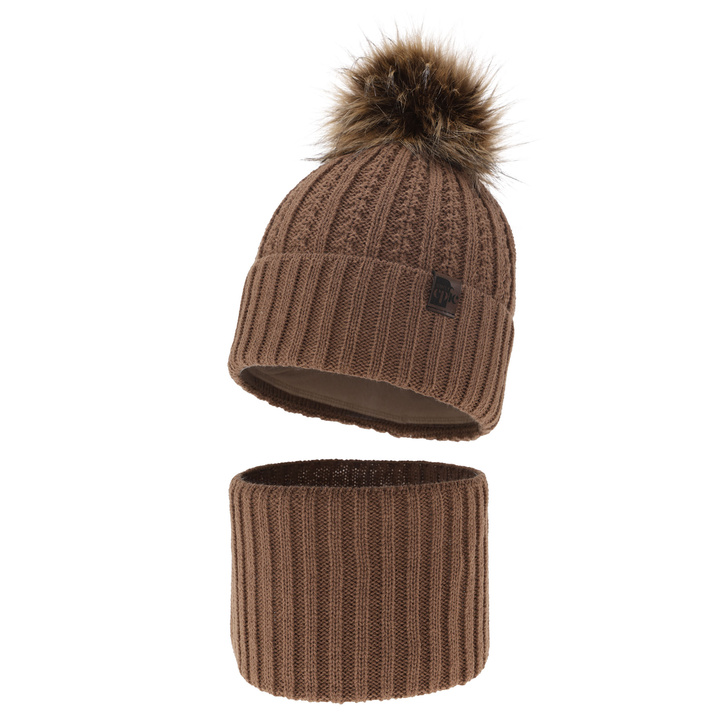 Boy's winter set: hat and tube scarf brown with pompom Lars