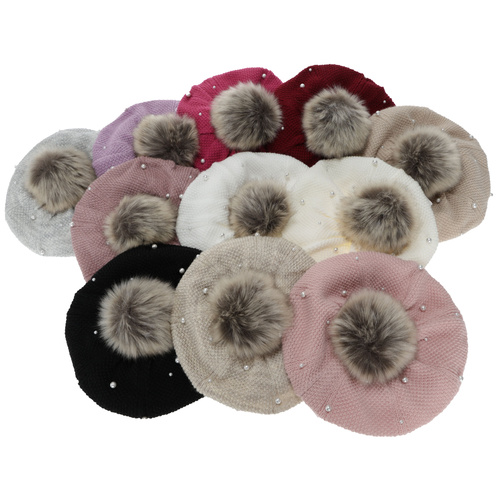 Girl's winter set: beret and tube scarf, beige, cotton lining, with pompom, Jeanette