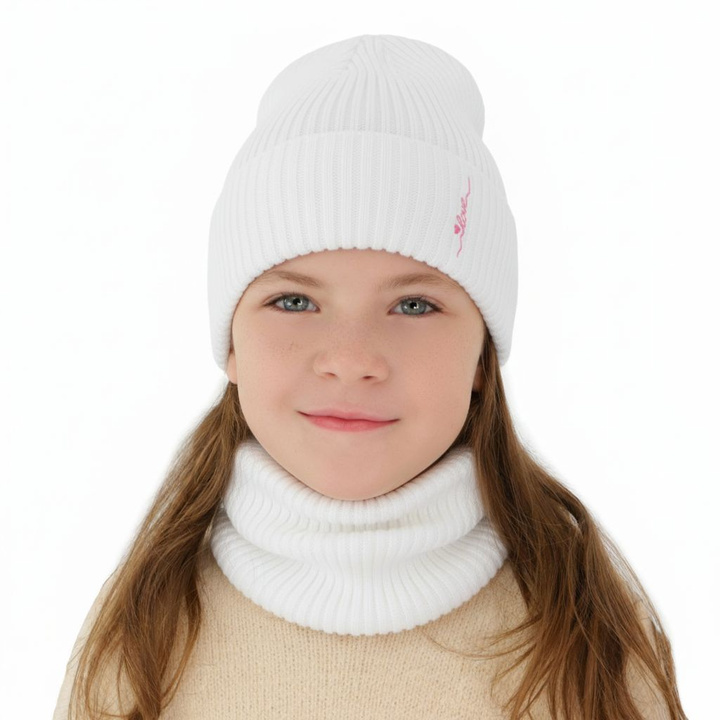Girl's spring/autumn set: hat and tube scarf, with cotton, white, Elvara