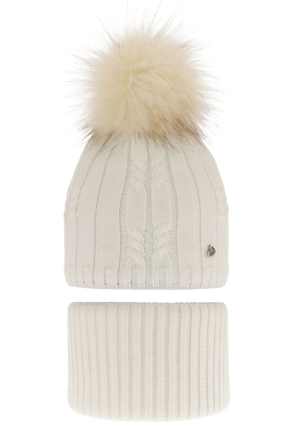 Girl's winter set: hat and tube scarf ecru Amaltea with pompom