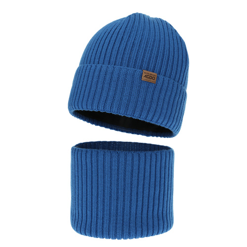 Hat and tube scarf for boy, winter set, 100% merino wool, with merino wool lining, blue, Domin