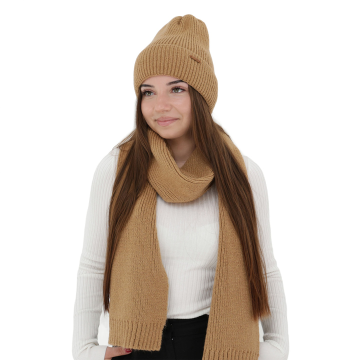 Woman's winter set: hat and scarf, camel, with merino wool, Seala