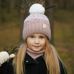 Girl's winter set: hat and tube scarf pink Zendaya with pompom