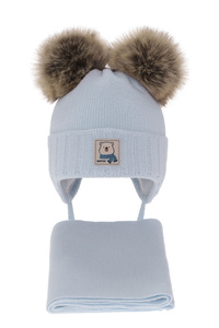 Boy' s winter set: hat and scarf light blue with two pompoms Jewel