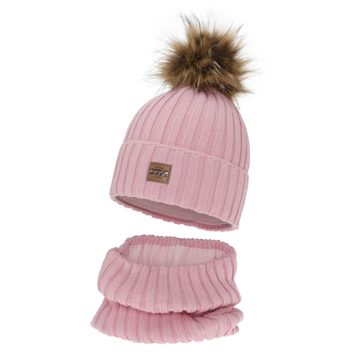 Girl's winter set: hat and tube scarf, pink, fleece lining, with merino wool, Bellina